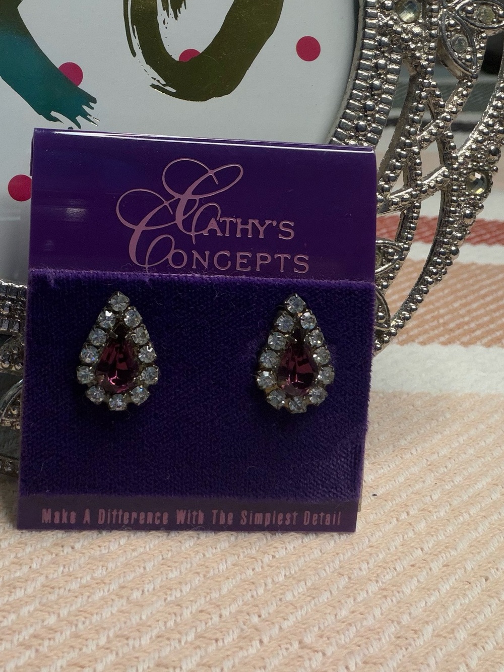NWT Cathy's Concepts Purple Pear Crystal Pave Halo Stud Earrings Silver Tone